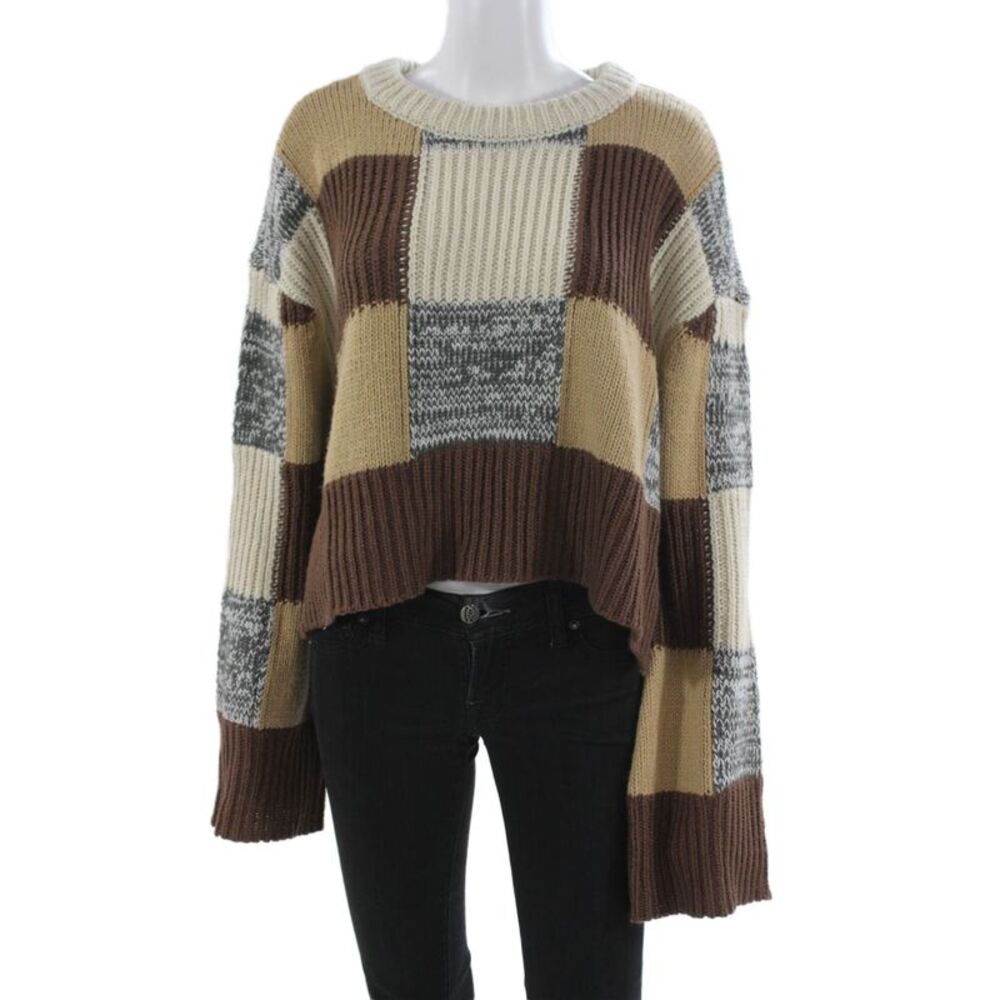 For Love & Lemons Women Brown Geometric Crewneck Pullover Sweater Size S
